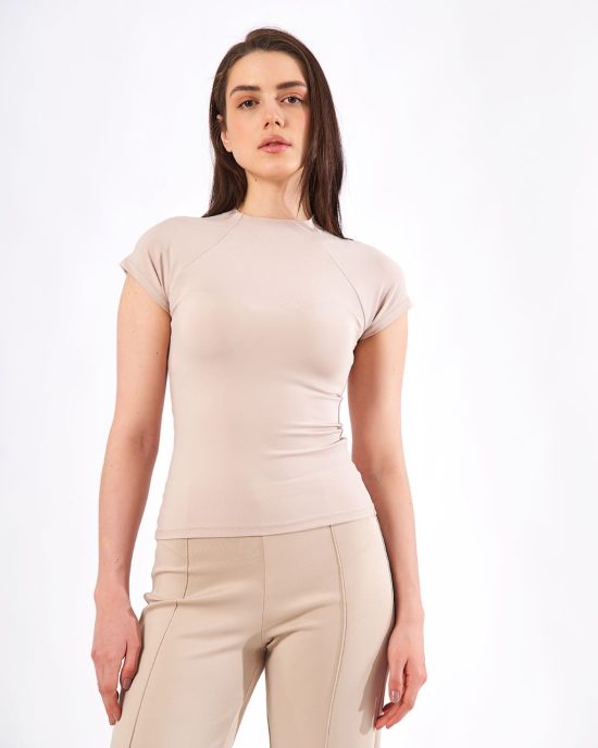 Stand Collar T-Shirt (Beige)